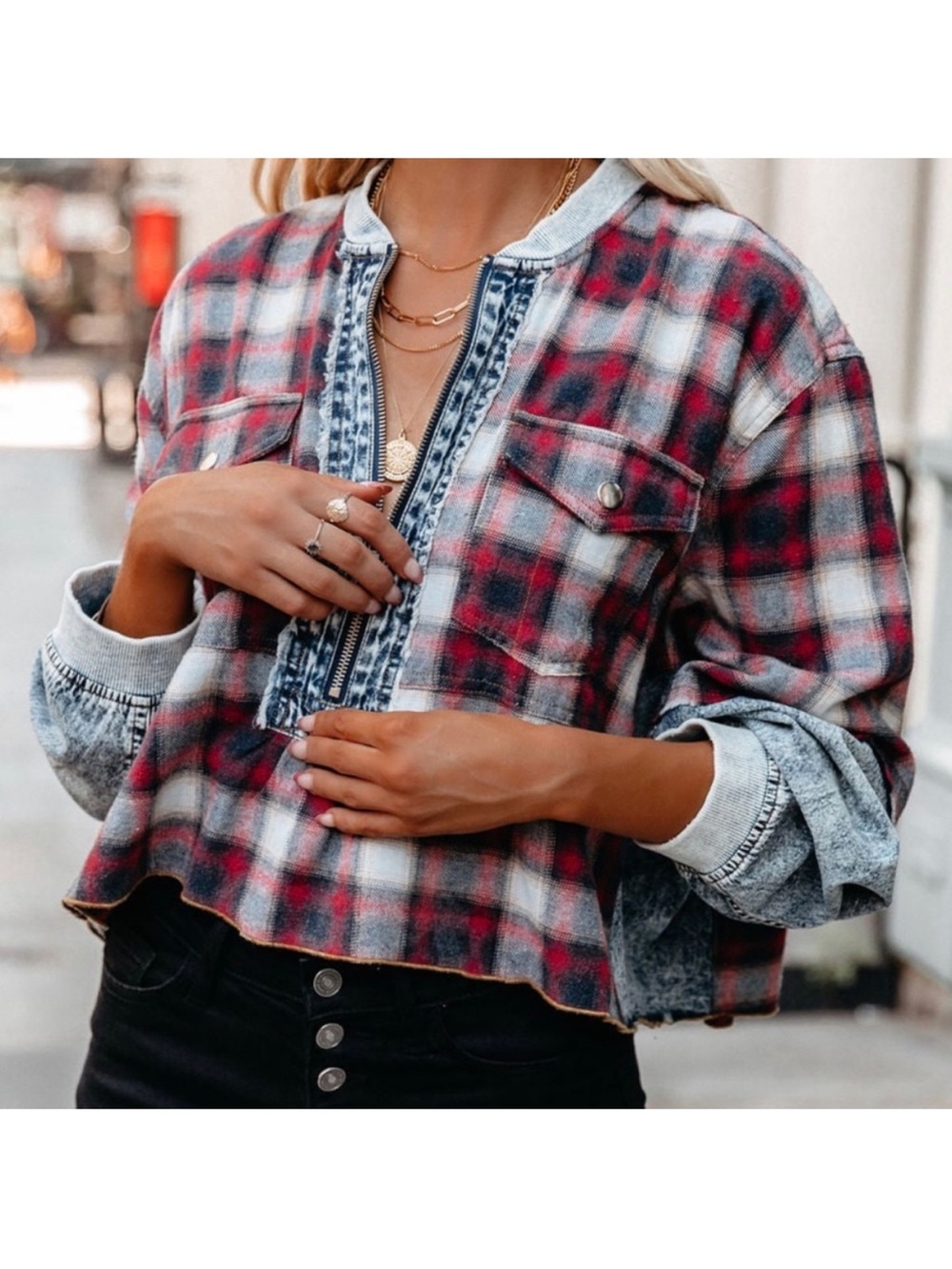 ROMESA plaid denim patchwork quarter zip collared pullover top S